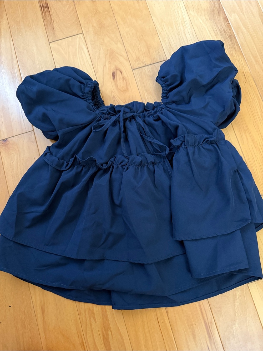 Women's Puff-Sleeve Navy Blue Blouse with Tiered Ruffles